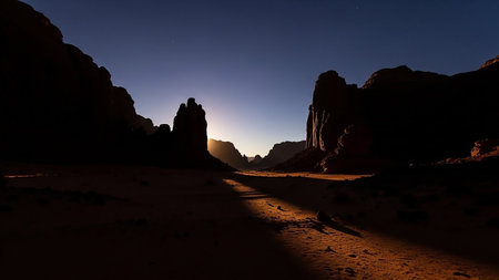 A dramatic desert canyon at night, with a bright sunbeam from a hidden moonlit sun illuminating the sandy ground between dark rock formations.の素材
