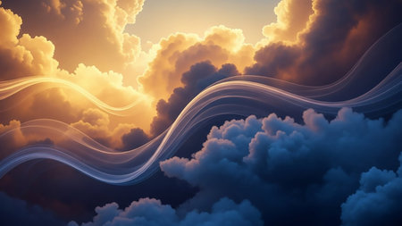 Dramatic, textured clouds are illuminated by warm golden sunlight, with ethereal, luminous waves of light flowing through the scene, creating a serene and dynamic atmosphere.の素材