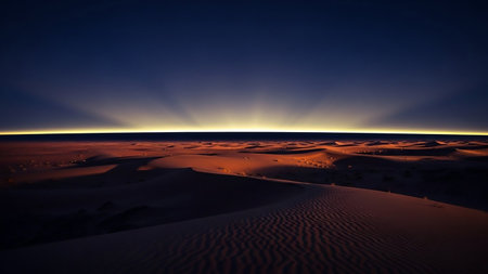 A vast desert landscape of sand dunes is illuminated by dramatic crepuscular rays at sunset, casting long shadows.の素材