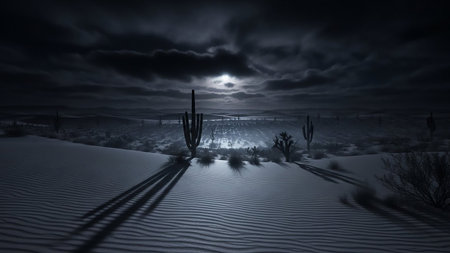 A desert night scene featuring saguaro cacti and sand dunes under a bright moon, with dark, dramatic clouds creating a moody atmosphere.の素材