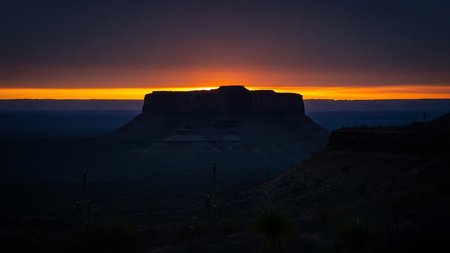 A striking sunset casts an orange glow over a flat-topped mesa in a dark desert landscape, with silhouetted cacti in the foreground.の素材