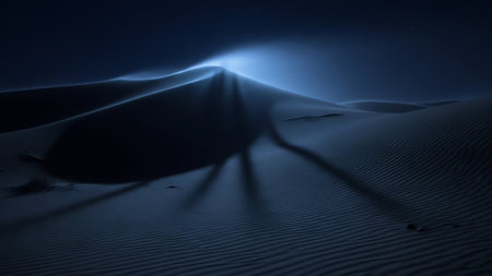 Moonlight creates dramatic shadows and highlights on the rippled surface of desert sand dunes under a dark night sky.の素材