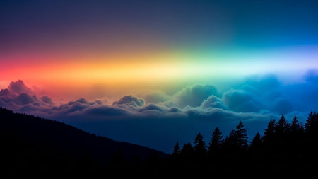 A vibrant rainbow spectrum stretches across the horizon above dark silhouetted trees and fluffy clouds during dusk.の素材