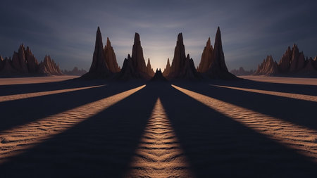 A symmetrical desert landscape with sharp, pointed rock formations casting long, dramatic shadows across the sand under a twilight sky.の素材
