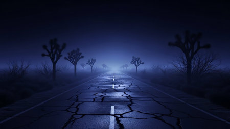 A cracked asphalt road leads into a dark, foggy desert at night. Silhouetted Joshua trees line the eerie, desolate landscape.の素材
