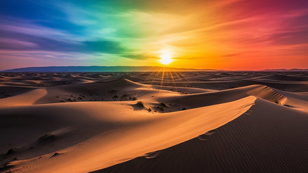 Rippling sand dunes in a vast desert are bathed in the warm glow of a sunset, with a vibrant rainbow stretching across the colorful sky.の素材