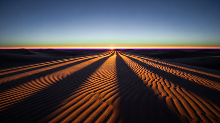 A striking desert landscape at sunset or sunrise, featuring sand dunes with pronounced ripple patterns and long, dramatic shadows under a colorful sky with visible stars.の素材