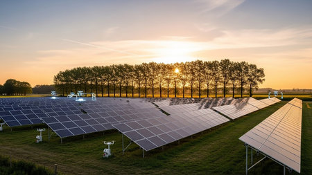 Rows of solar panels stretch across a field at sunrise, with small drones hovering nearby, set against a backdrop of trees and a glowing sky.の素材