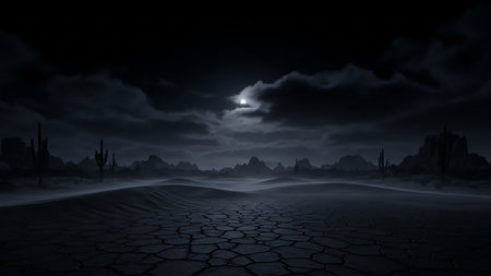 A dark and mysterious desert landscape at night with cracked earth, silhouetted cacti, and dramatic moonlit clouds.の素材