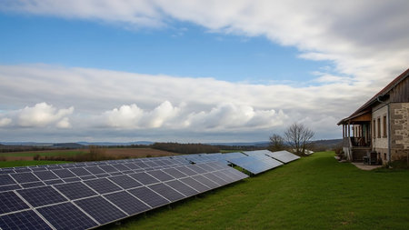 A wide view of solar panels on a green slope beside a stone house, with a cloudy sky overhead and rolling hills in the distance.の素材