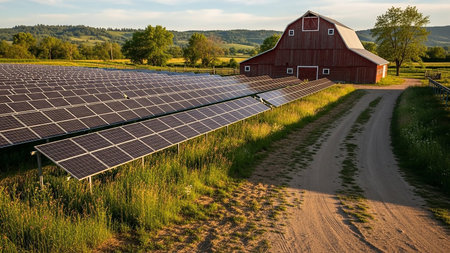 A vast field of solar panels stretches towards a classic red barn, bathed in the warm light of a setting sun. Rolling hills and trees form the backdrop.の素材