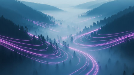 A mystical mountain valley is shrouded in fog, with winding roads illuminated by vibrant purple neon light trails, creating an abstract and futuristic scene.の素材