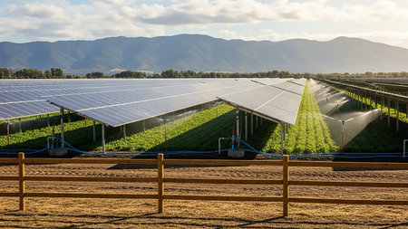 A vast solar farm with rows of photovoltaic panels is shown, with sprinklers irrigating green crops below. Mountains are visible in the distance under a partly cloudy sky.の素材