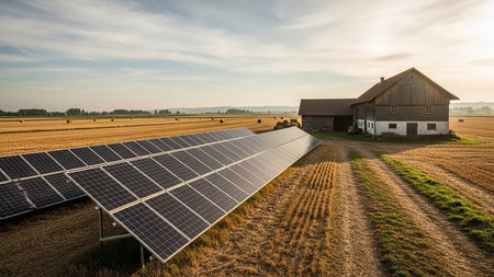 A wide view of a solar panel installation in a harvested wheat field next to a traditional wooden barn. The sun sets casting a warm glow over the rural landscape.の素材