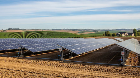 Rows of solar panels stretch across a field with rolling green hills and farmland in the distance under a bright blue sky with scattered clouds.の素材