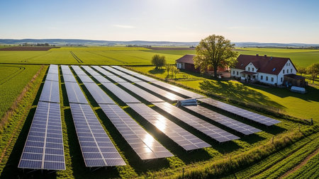 Rows of solar panels are installed in a sunlit green field next to a traditional farmhouse and a large tree, under a clear blue sky.の素材