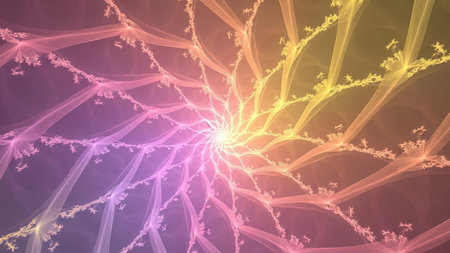 A luminous fractal spiral pattern with intricate branching structures transitions from pink and purple on the left to yellow on the right.の素材
