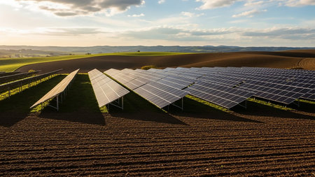 An extensive solar panel array is set up on undulating brown earth under a dramatic sunset sky with golden light and shadows.の素材