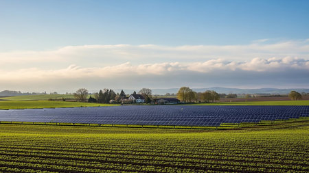 A vast solar panel farm stretches across a vibrant green field, with a distant farmhouse nestled among trees under a bright, cloudy sky.の素材