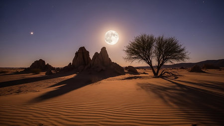 A full moon shines brightly over a desert landscape at night, illuminating a lone tree and rock formations casting long shadows on rippled sand.の素材