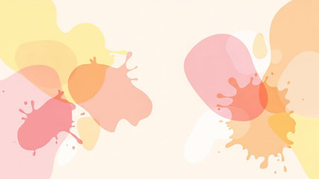 Translucent organic shapes and paint splatters in soft pastel colors create a gentle and abstract background design.の素材