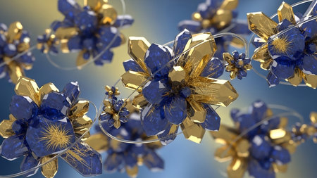 Close-up view of abstract blue and gold crystal clusters interconnected with thin metallic wires, creating a shimmering, intricate pattern.の素材