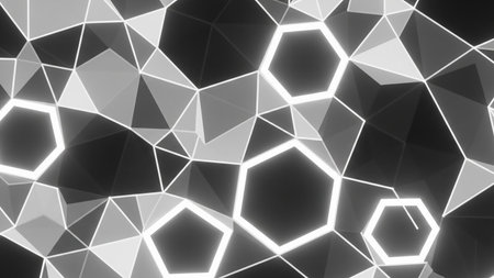 An abstract black and white geometric pattern composed of interconnected triangles and glowing hexagons creates a futuristic, luminous texture.の素材