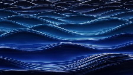 An abstract depiction of a dark blue wavy water surface with dynamic light reflections creating a mesmerizing, fluid pattern.の素材