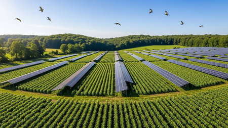 An aerial view shows a solar farm with rows of solar panels interspersed with lush green crops under a clear blue sky with several birds in flight.の素材