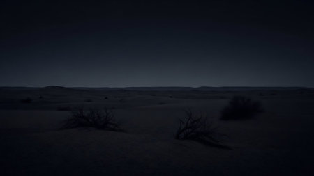 A dark, barren desert landscape under a deep night sky with silhouetted dry bushes scattered across the sand.の素材