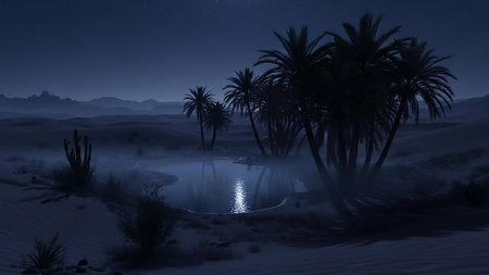 Desert showing desert oasis with palm trees and moonlit water at night. High resolution image suitable for commercial use.の素材
