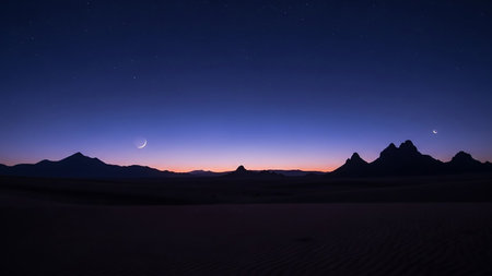 A vast desert landscape under a deep blue twilight sky with two crescent moons and scattered stars above silhouetted mountains and sand dunes.の素材