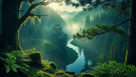 Sunbeams pierce through the fog in a lush, green enchanted forest, illuminating a winding river and moss-covered trees.の素材