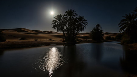 A tranquil desert oasis with a body of water reflecting the moonlight and a cluster of palm trees under a starry night sky.の素材