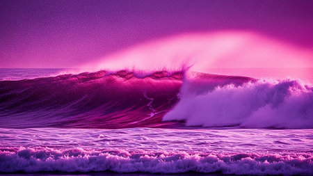 A large, dramatic ocean wave is captured as it breaks, bathed in intense pink and purple light, creating a vibrant and dynamic seascape.の素材