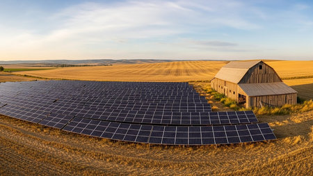 A vast array of solar panels stretches across a golden wheat field, juxtaposed with a weathered wooden barn under a bright sky.の素材