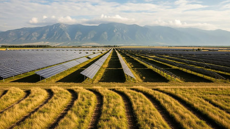 A wide view of a large solar farm with rows of photovoltaic panels in a field featuring curved grass rows, with mountains in the background.の素材