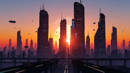 A futuristic cityscape at sunset with towering, illuminated skyscrapers and flying vehicles in the orange and purple sky.の素材