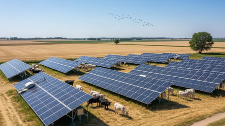 Cows graze peacefully among rows of solar panels in a sun-drenched agricultural field under a bright blue sky with a flock of birds overhead.の素材