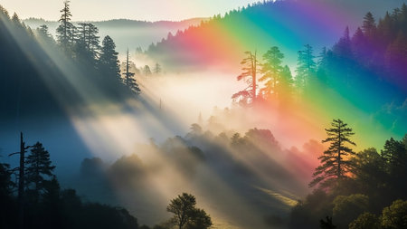 A vibrant rainbow stretches across a misty mountain landscape, with sunbeams piercing through the fog and illuminating the evergreen trees.の素材
