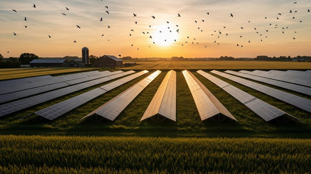 A solar farm is illuminated by the golden light of a sunset, with a flock of birds flying in the sky above farm buildings and fields.の素材
