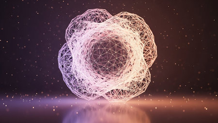 A complex, glowing geometric wireframe sphere in shades of pink and purple floats against a dark background with scattered luminous particles.の素材