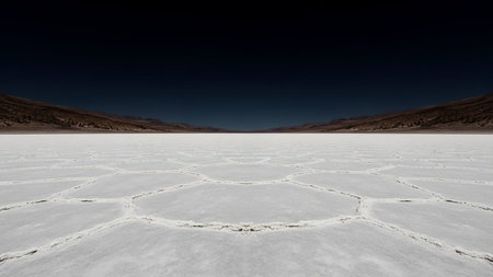 A vast white salt flat displays a striking pattern of hexagonal formations under a deep, dark sky, creating a stark and minimalist landscape.の素材