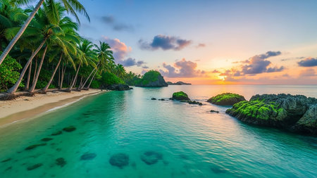 A stunning tropical beach paradise with lush palm trees, crystal-clear turquoise water, and a vibrant sunset painting the sky with warm colors.の素材