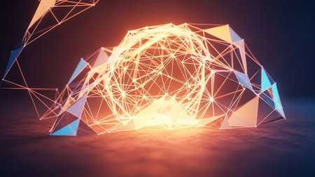 A glowing geometric network sphere with abstract light particles and polygonal structures against a dark, illuminated background.の素材