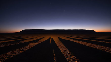 Under showing long shadows cast by a lone figure on a desert plain at dusk with a flat-topped mesa on the horizon keywords: desert, plain, dusk, twilight, shadows, long shadows, figure,...の素材