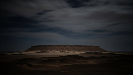 A flat-topped meseta mountain stands in a dark, desolate desert landscape under a cloudy night sky.の素材