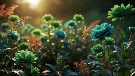 A close-up view of a garden filled with blooming teal and green flowers, illuminated by warm golden sunlight creating a soft bokeh effect.の素材