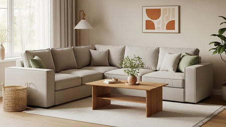 A light grey sectional sofa with green accent pillows and a wooden coffee table sits on a rug in a sunlit living room with artwork on the wall.の素材