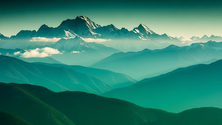 A layered mountain landscape with snow-capped peaks in the distance, shrouded in mist and set against a teal sky.の素材